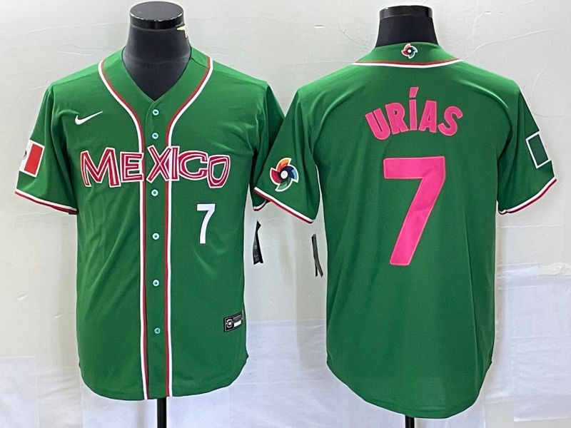 Men 2023 World Cub Mexico 7 Urias Green pink Nike MLB Jersey9
